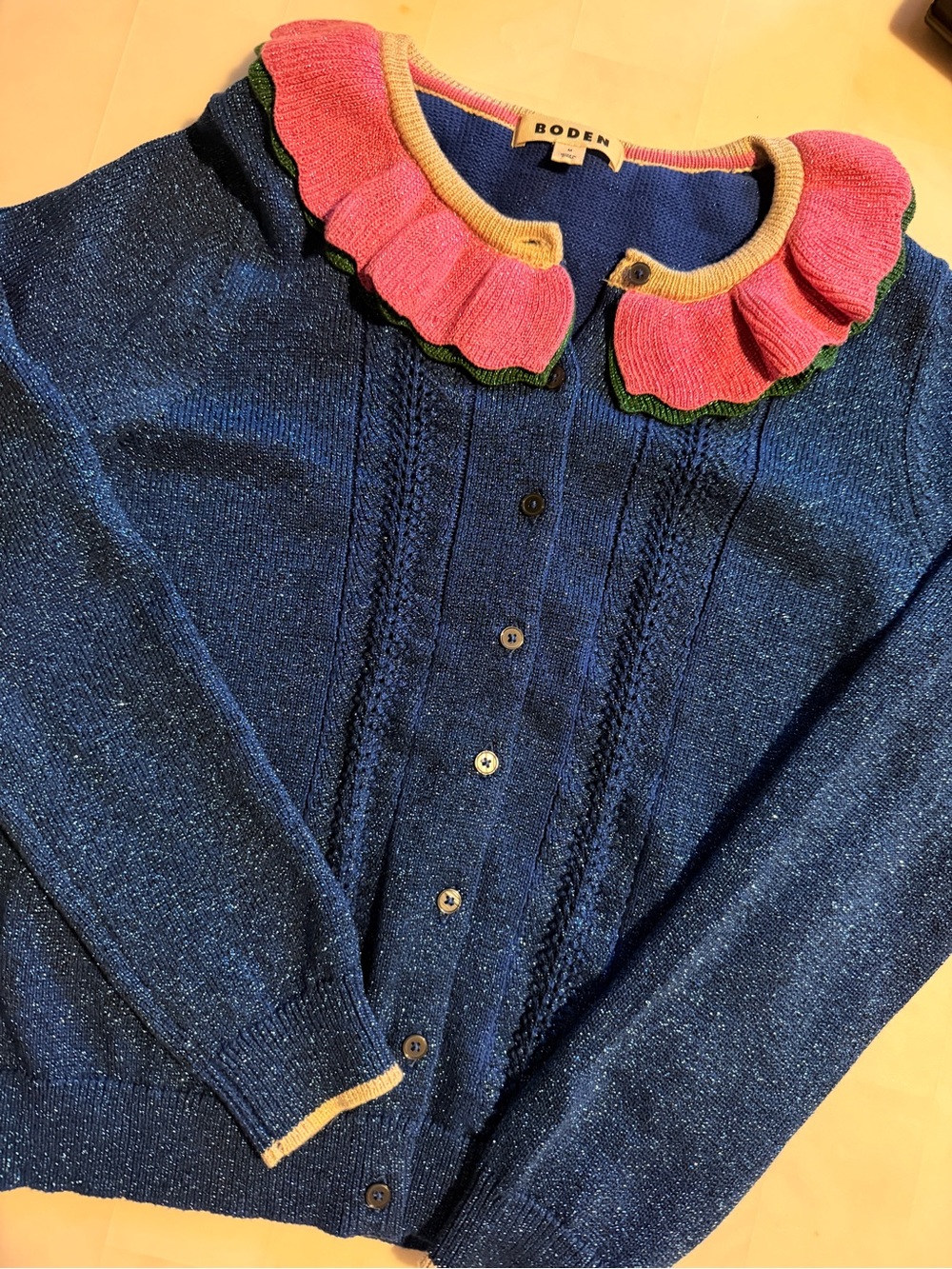 Boden / Ruffled Collar Blue Cardigan with Pink Accent - Picture 2 of 9